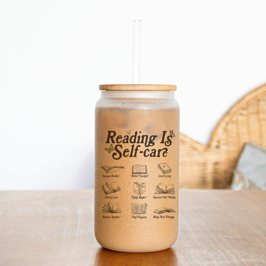 “Reading is self care” Tazza Tumbler di Vetro 470 ml - 16 oz Glass Can